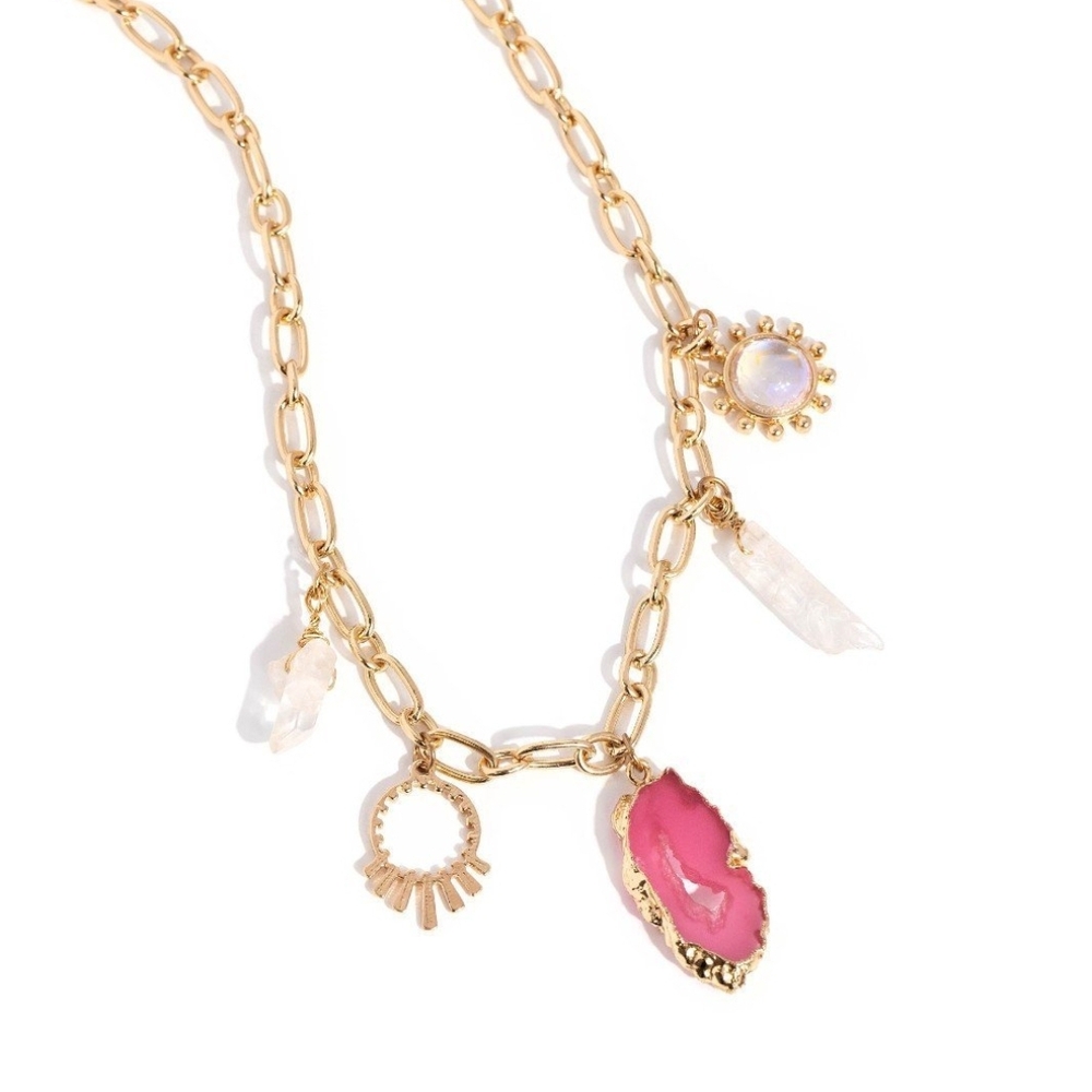 Gold and Pink Charm Necklace Geode Glam Fashion Jewelry Paparazzi